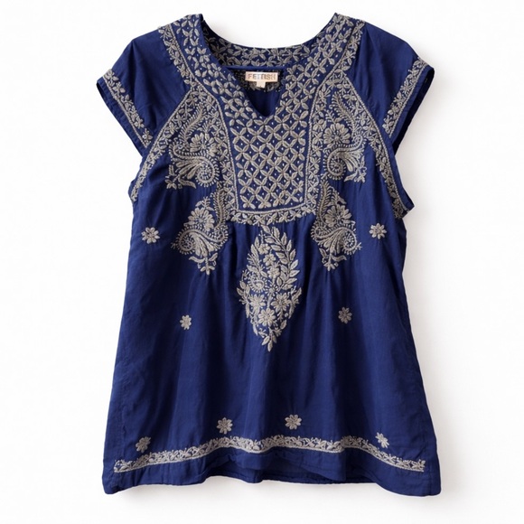 fettish Tops - Fettish Navy Blue Embroidered Boho Blouse | Peasant Tunic Top